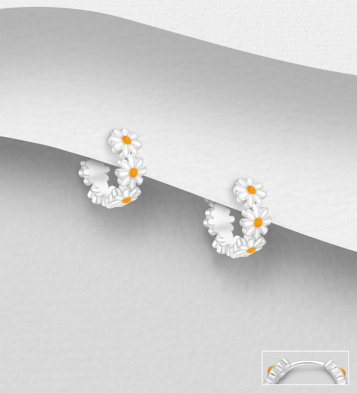 2140-587 - Wholesale 925 Sterling Silver Flower Hoop Earrings, Decorated with Colored Enamel