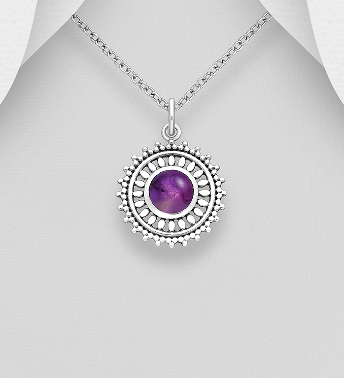 883-9796 - Wholesale 925 Sterling Silver Oxidized Pendant, Decorated with Various Gemstones