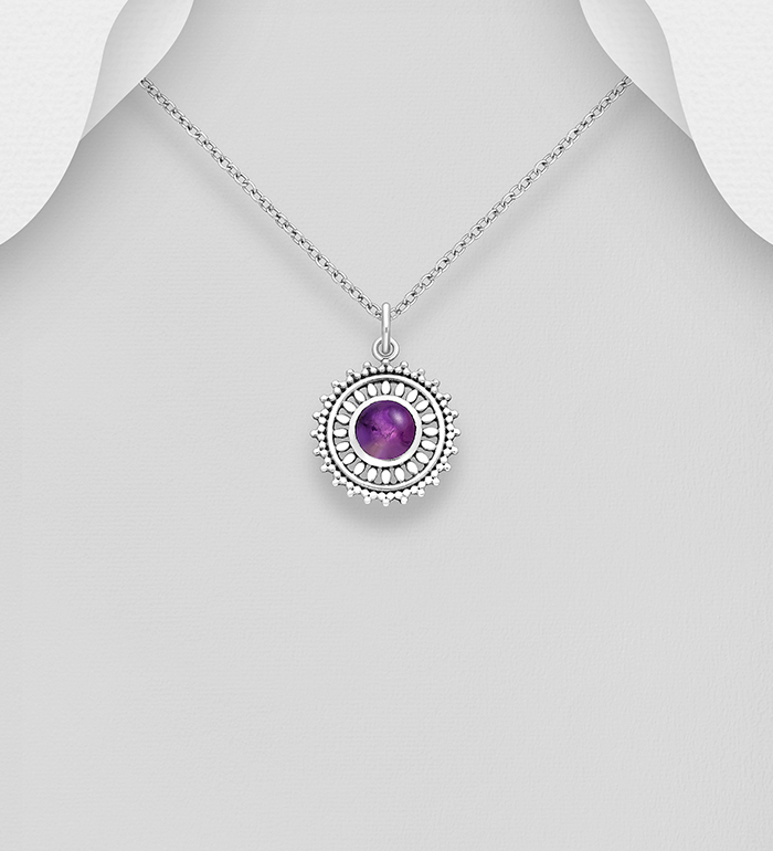 883-9796 - Wholesale 925 Sterling Silver Oxidized Pendant, Decorated with Various Gemstones