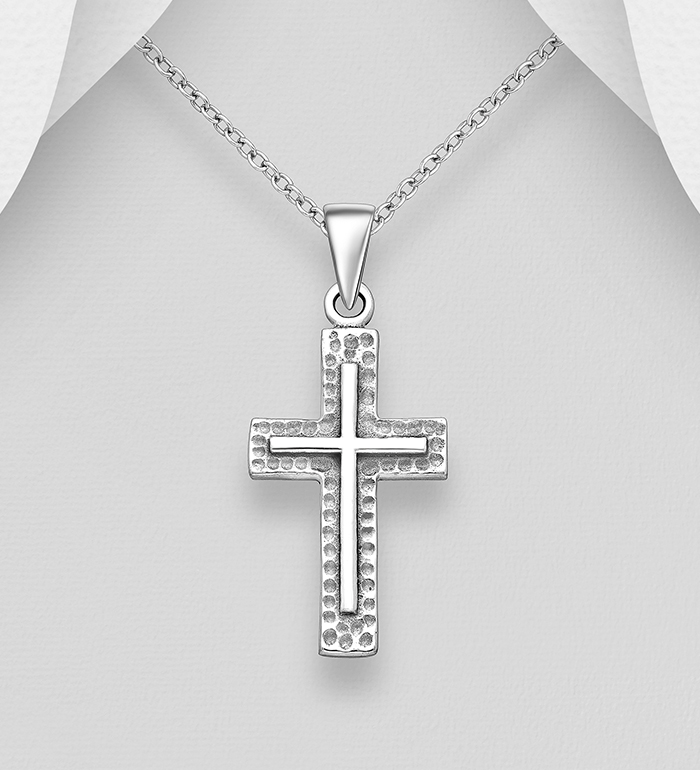 706-39244 - Wholesale 925 Sterling Silver Oxidized Hammered Cross Pendant