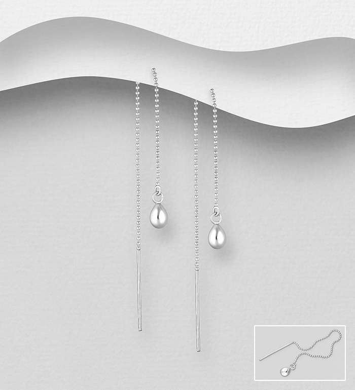 706-39479 - Wholesale 925 Sterling Silver Droplet and Ball Threader Earrings