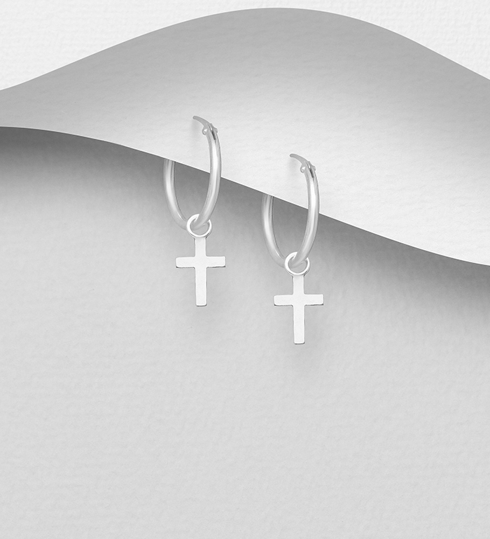 706-16060 - Wholesale 925 Sterling Silver Hoop and Cross Charm Earrings