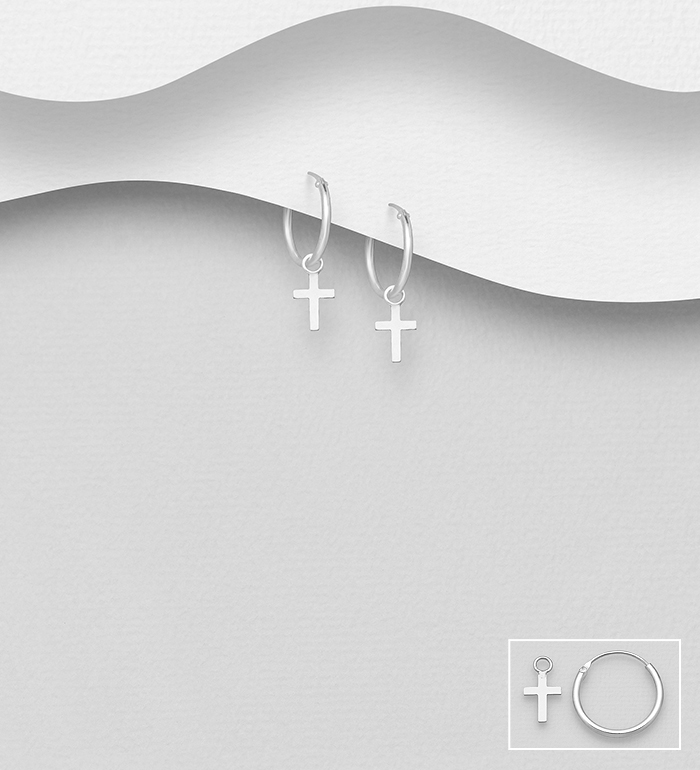 706-16060 - Wholesale 925 Sterling Silver Hoop and Cross Charm Earrings