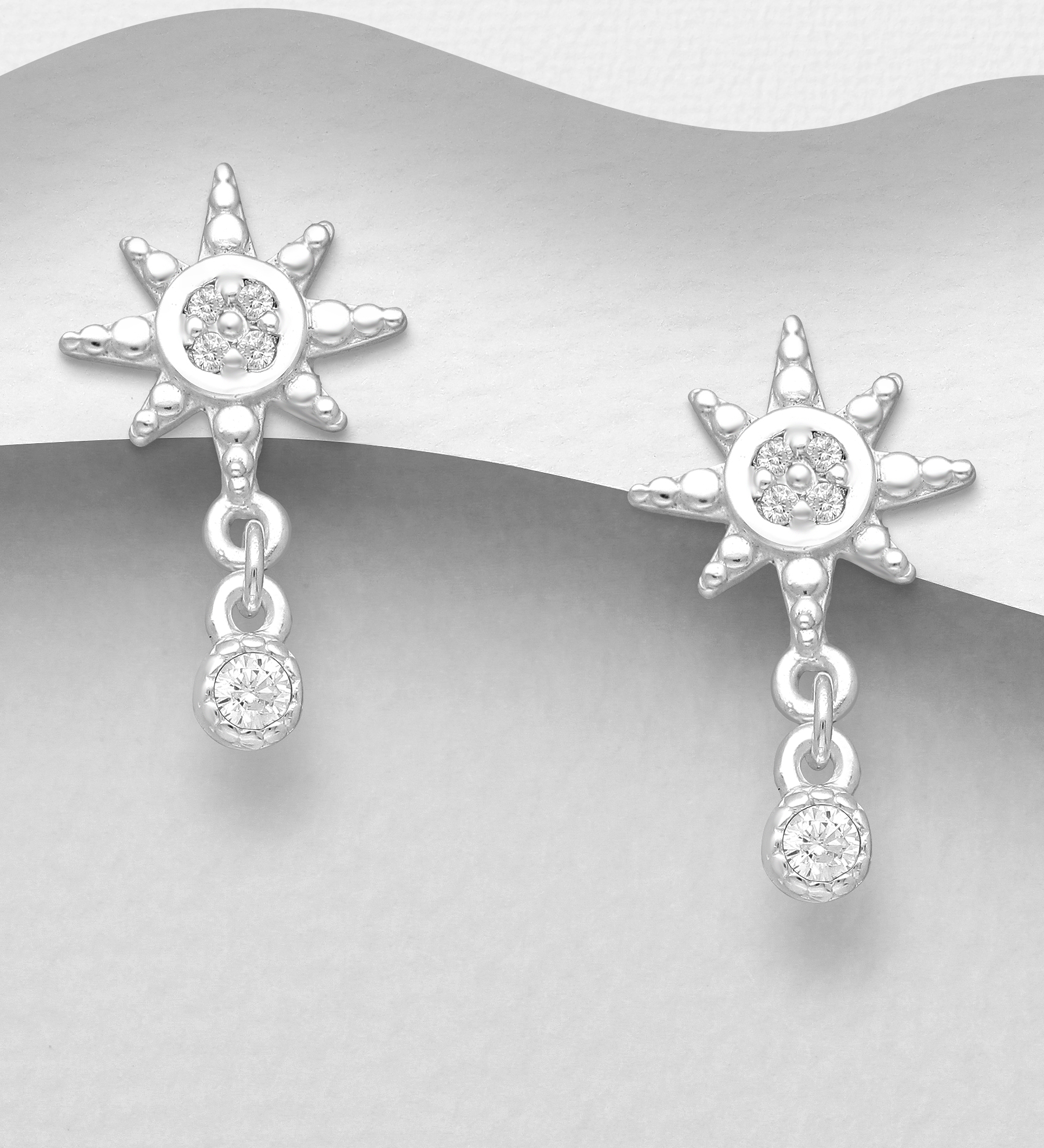 Wholesale 925 Sterling Silver Star Push-Back Earrings, Decorated with CZ Simulated Diamonds - SKU #1063-2168