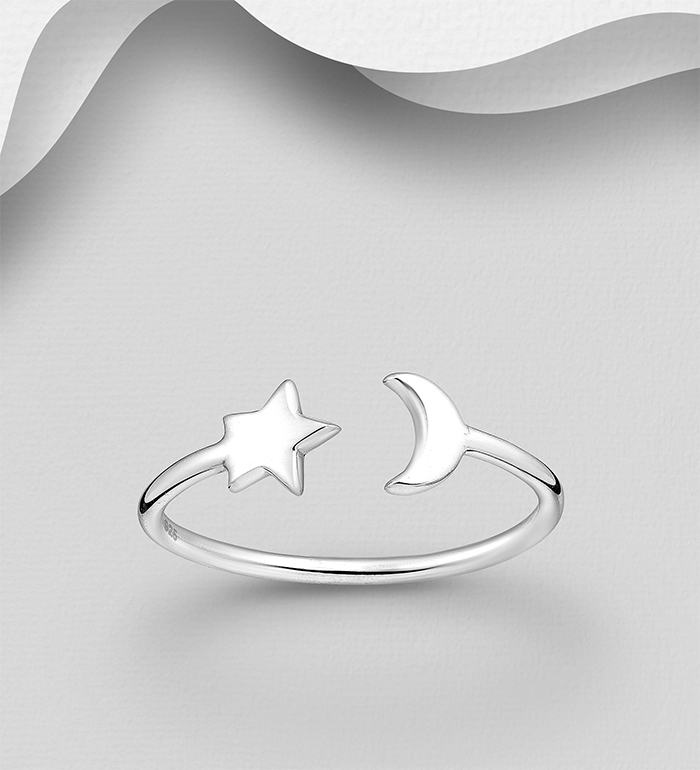 Wholesale 925 Sterling Silver Adjustable Ring Featuring Moon and Star - SKU #706-30683