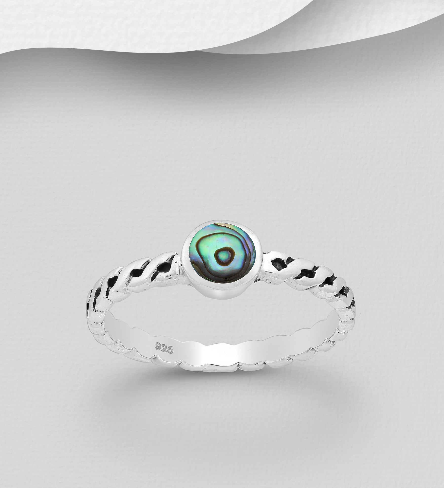 Wholesale 925 Sterling Silver Oxidized Ring Decorated with Shell - SKU #789-3981