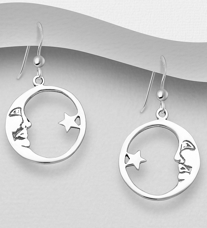 Wholesale 925 Sterling Silver Oxidized Circle, Moon and Star Hook Earrings - SKU #706-32491