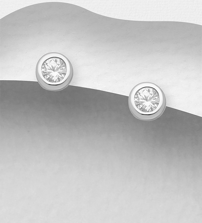 701-24995 - Wholesale 925 Sterling Silver 3 mm Round Push-Back Earrings, Decorated with CZ Simulated Diamonds 