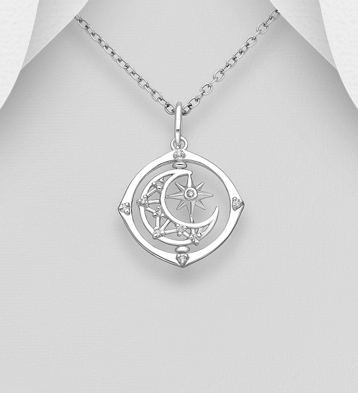 Wholesale 925 Sterling Silver Moon and Star Pendant, Decorated with CZ Simulated Diamonds - SKU #1063-3858