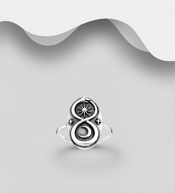 Wholesale 925 Sterling Silver Oxidized Ring, Featuring Infinity, Crescent Moon, Ouroboros and Star - SKU #706-35250