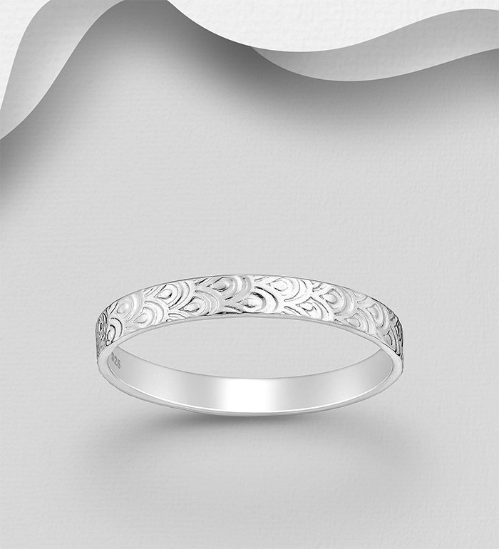 Wholesale 925 Sterling Silver Band Ring, Featuring Wave Pattern Design, 3 mm Wide. - SKU #706-35790
