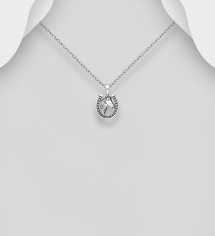 Wholesale 925 Sterling Silver Oxidized Horse and Horseshoe Pendant - SKU #1063-4763