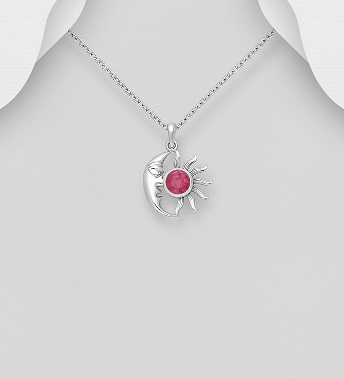 Wholesale 925 Sterling Silver Oxidized Moon and Sun Pendant, Decorated with Agate (Dyed Deep Pink) - SKU #883-9795A