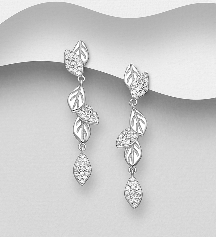Wholesale 925 Sterling Silver Leaf Push-Back Earrings, Decorated with CZ Simulated Diamonds - SKU #701-33192